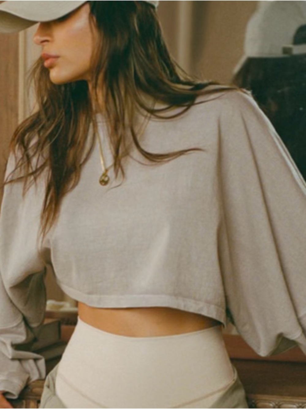 Joah Brown Slouchy Crop Long Sleeve in Sandstone Cotton